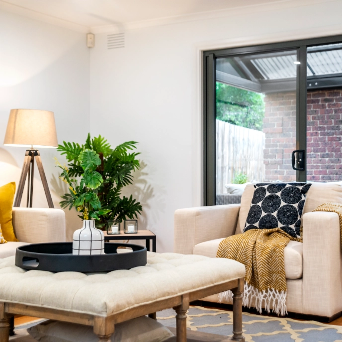 A furnished living room in a rental home