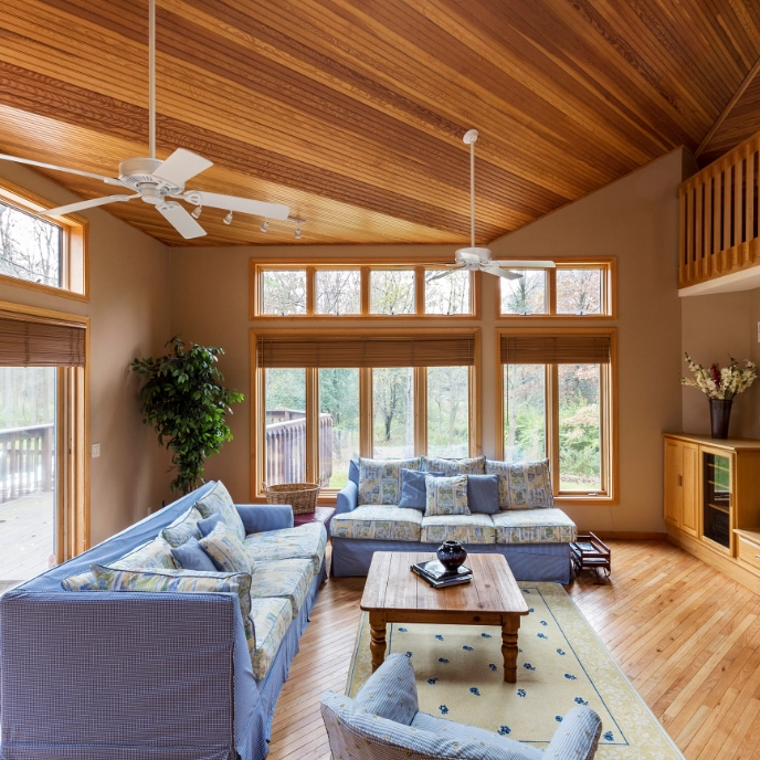 An open-plan living area in a rental home